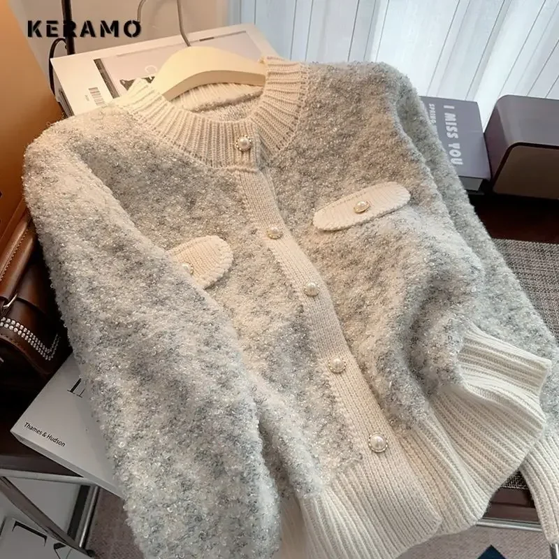 Women Luxury Sweet Knitted Round Neck Long Sleeve Cardigans 2025 Winter Casual Single Breasted Patchwork Fashion Elegant Sweater