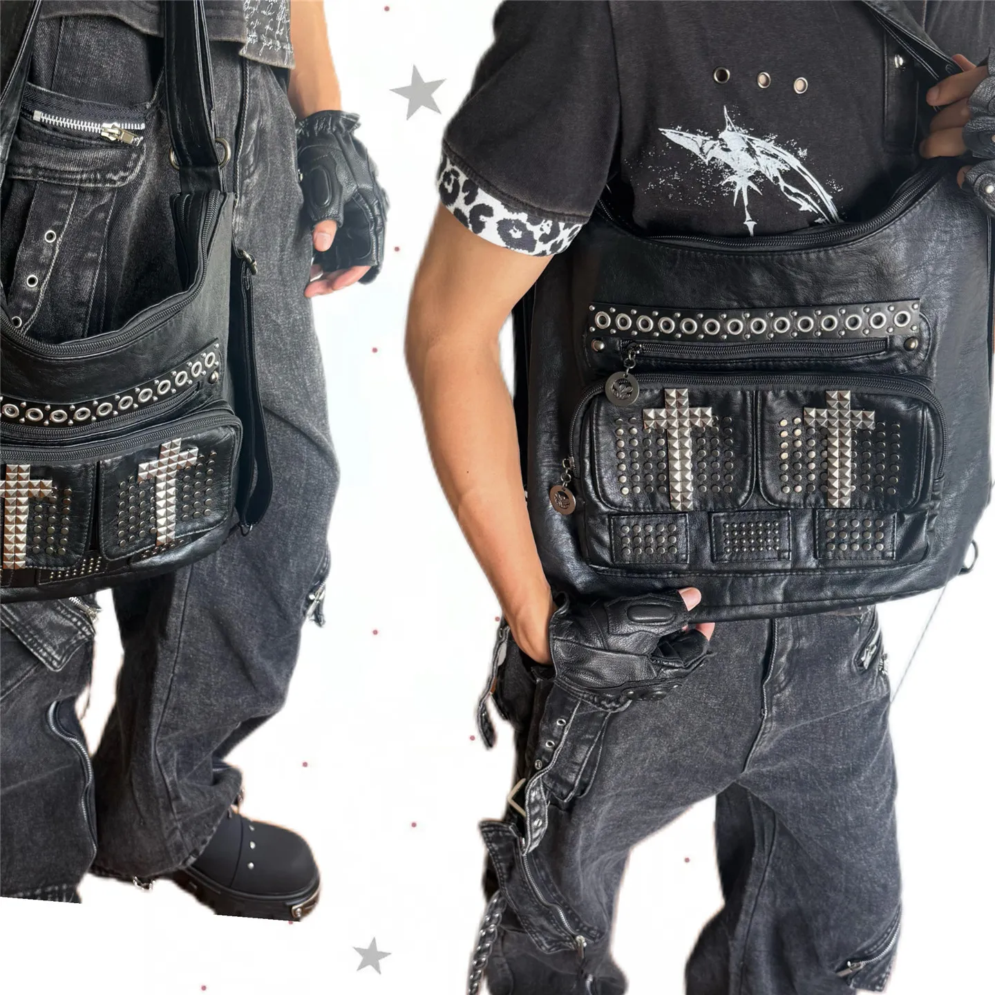 Large Capacity Goth Commuter Unique Shoulder Bags Black Backpack Punk Backpack Rivet Multi Pocket Tote Locomotive Bag