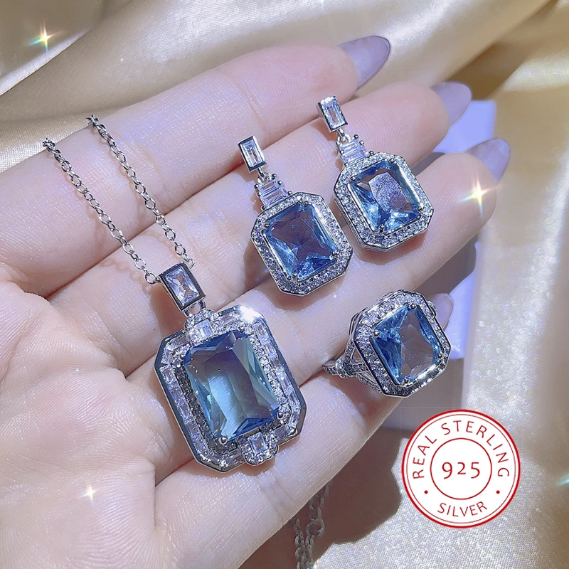 European Style Fashion Geometric Square Blue Crystal Zircon Necklace Set S925 Sterling Silver Luxury Banquet Party Jewelry