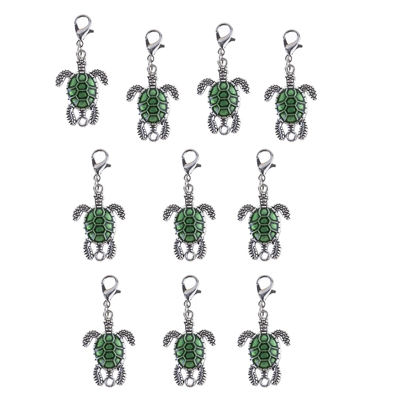 10pcs Green Tortoise Charms Alloy Animal Pendants With Lobster Claw Clasps Keychain For Women Girls Jewelry Accessories 18*37mm