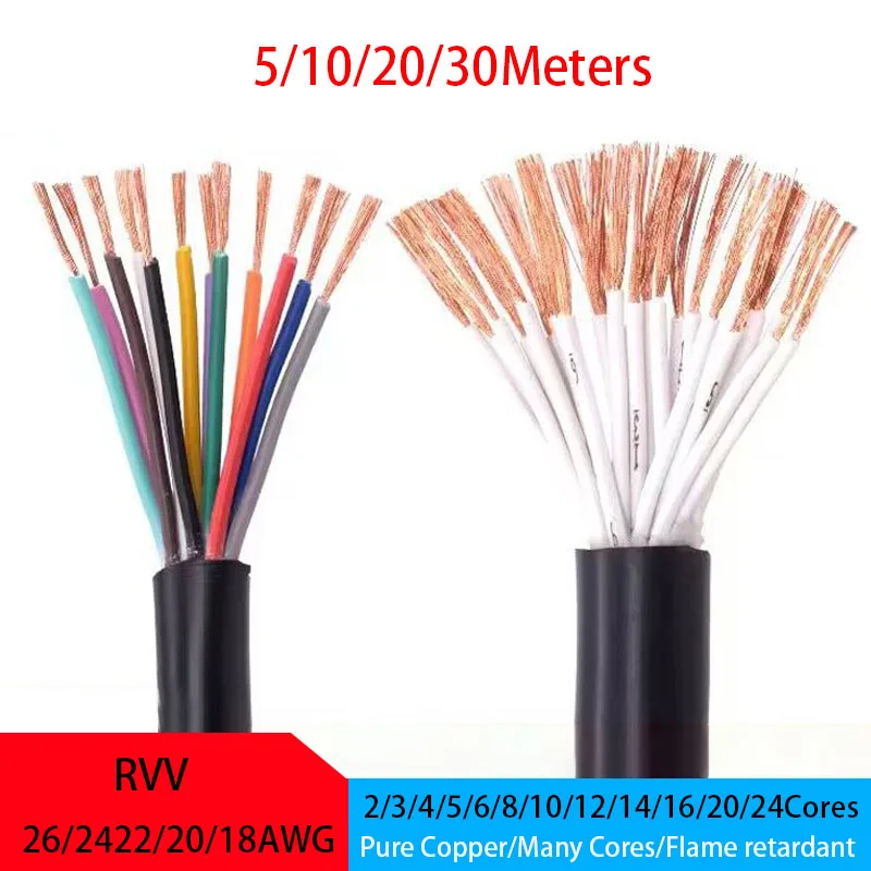 

5 20 30M RVV Electric Wire 2/3/4/5/6/8/10/12/14/16/20/24 Cores 26/24/22/20/18AWG Control Signal Wire Copper PVC Multicore Cable