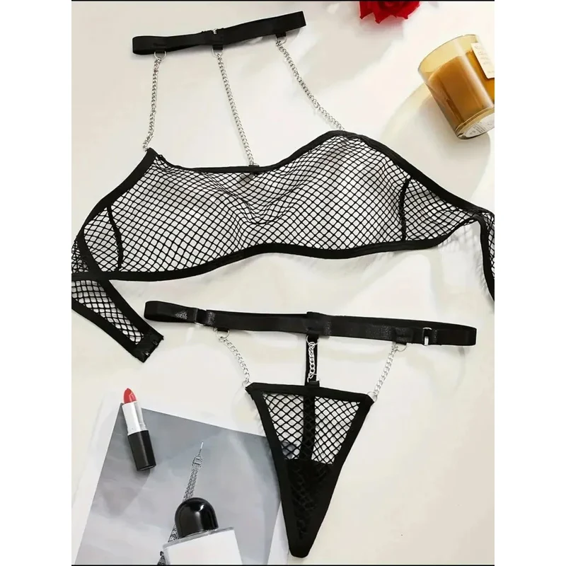 Two-Piece Summer Sexy Lingerie Female Nudity Mesh Bodysuit Sheer Exotic Underwear Halterneck Fishnet Fetish Wear Porno Costume