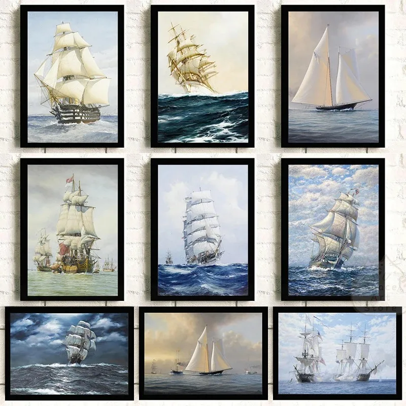 Ship Sailboat Canvas Painting Vintage Noridc Poster Wall High Quality Picture Print for Living Room Kids Room Home Decor Cuadros