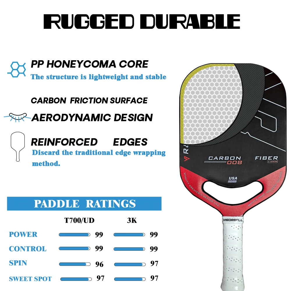 Pagaia per pickleball di alta qualità con superficie di attrito al carbonio personalizzata Design aerodinamico 3K T700 13mm/14mm/16mm