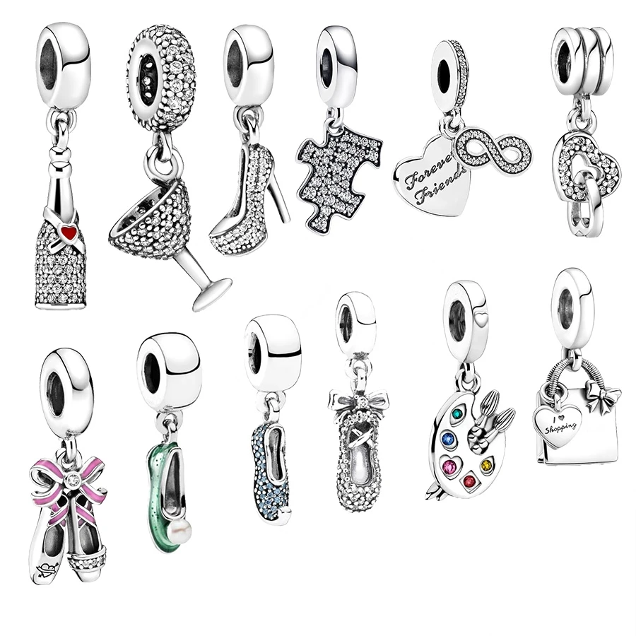 Sparkling NEW Wine Bottle & Stiletto Shoe Pavé Dangle Charm Beads Fit Original 925 Sterling Silver Pandora Bracelet Jewelry Gift