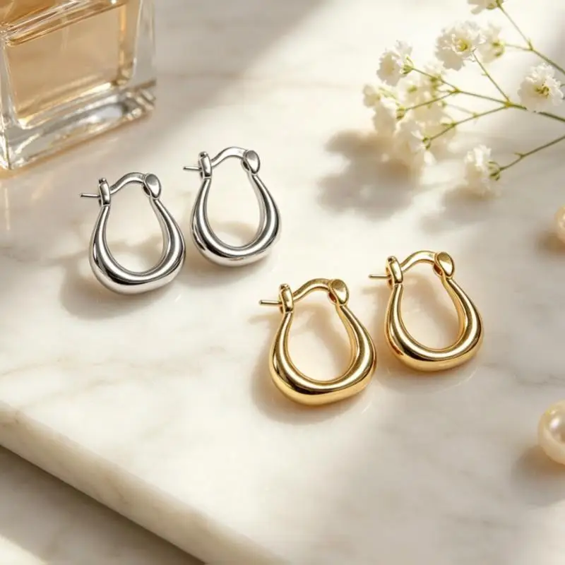 2Pcs Minimalist Teardrop Hoop Earrings With Gold And Silver Polished Finish Hypoallergenic Perfect For Daily Wear Date Party