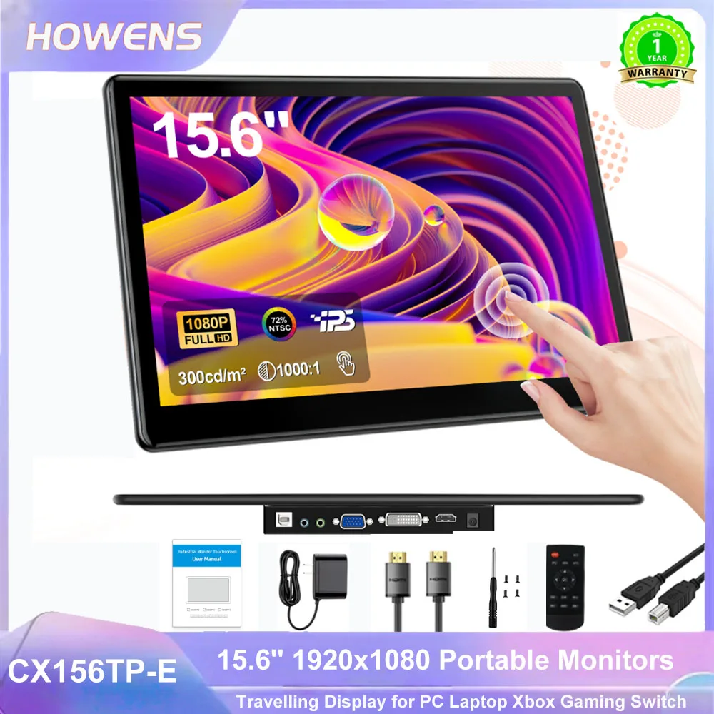 

HOWENS 15.6 inch Touchscreen 1920x1080 16:9 60Hz IPS Screen Industrial with 75*75mm VESA HDMI DVI VGA For Laptop PC Phone CCTV