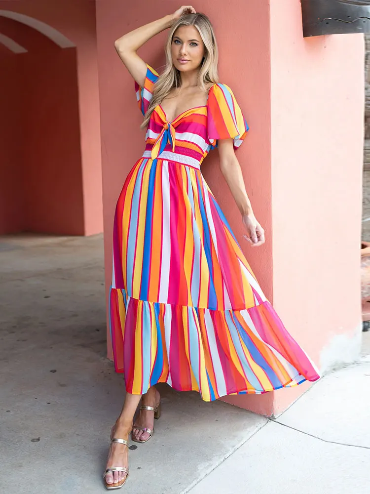 Multicolor Striped Puff Sleeve Square Neck Dress 2023 Summer Women Holiday Long A-line Dress Romantic Beach Dress Vestidos A1239