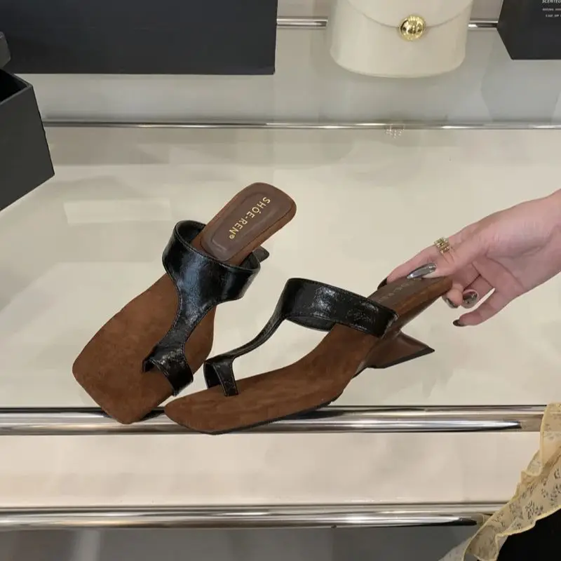 Silver Heeled Sandals Summer Wedges Slippers For Woman Casual Low Heels Ladies Shoes Gold Square Toe Sandalias De Mujer