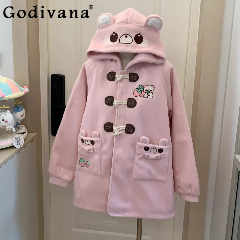 

Original Cute Girl's Bear Embroidery Long Jacket Autumn Winter New Student Y2K Horn Button Hooded Jacket Daughter Kawaii Coat