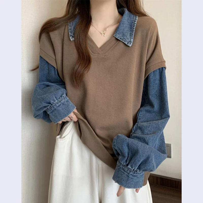 Fashion V-Neck Spliced Denim Fake Two Pieces Sweatshirts Female Clothing 2025 Spring New Loose Korean Tops Casual Sweatshirts