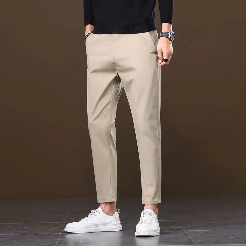 

Autumn Winter Now Mid Cropped Pants Men Pure Cotton Slim Straight Korean Chic All-match Solid Color Business Straight Trousers