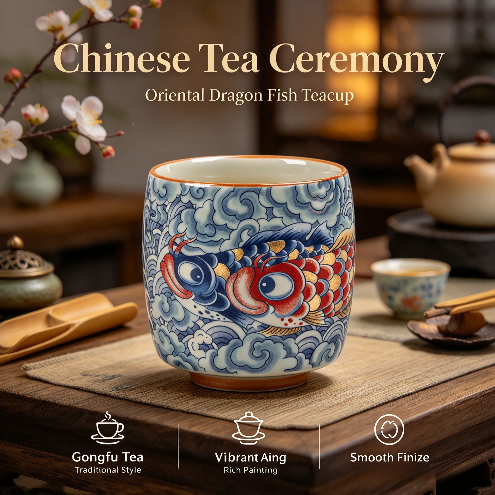 Plant Ash Blue White Full Color Dragon Fish Ceramic Teacup Aesthetic Kung Fu Teaware Master Cup For Home Tea Tasting Cultural