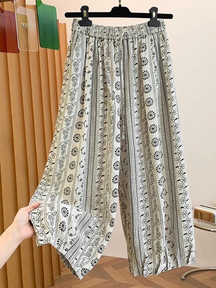 High-End Vintage Floral Print Cotton Linen Wide Leg Pants Women Summer Artistic Elastic Waist Home Casual Pants plus Size Nin...
