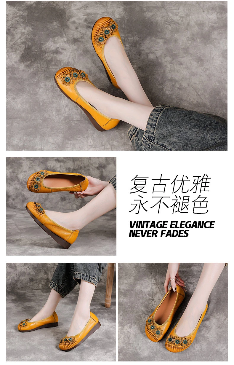 Boho Vintage Echtleder-Ballerinas für Damen, Blumenmuster Slip-On Fahr-Mokassins, Weiche Ethnische Retro-Schuhe, Flache Schuhe für Mütter – Detail 10