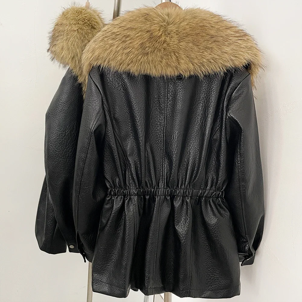 OFTBUY Kurze Freizeitjacke mit Kordelzug am Bund, Damenjacke aus Kunstleder mit Kunstfellkragen, neue, luxuriöse, warme, dicke Winterjacke. – Detail 10
