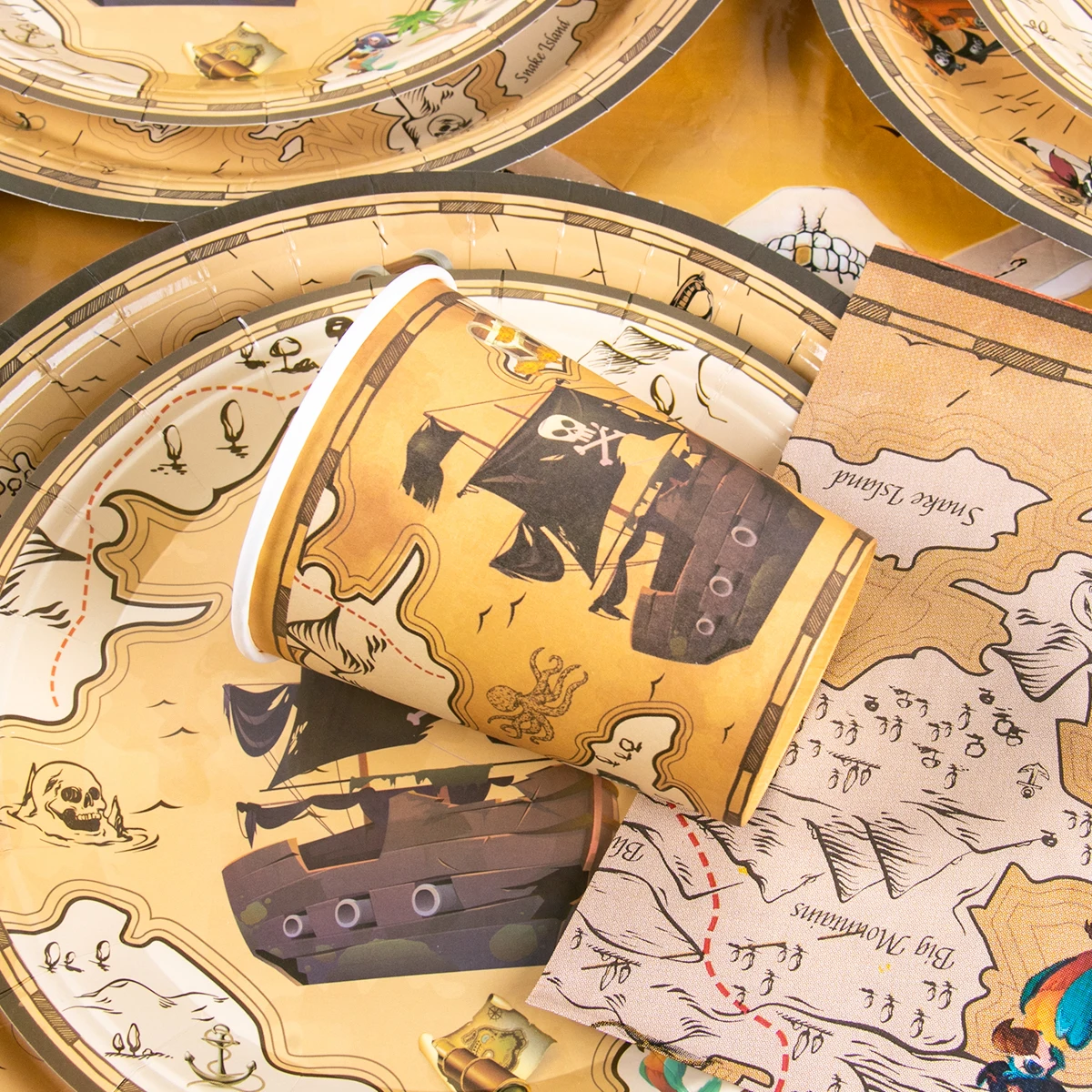 Tema pirata stoviglie mappa del tesoro teschio piatto di carta tazza tovaglia cake topper bambini ragazzo pirata festa di compleanno decorazione
