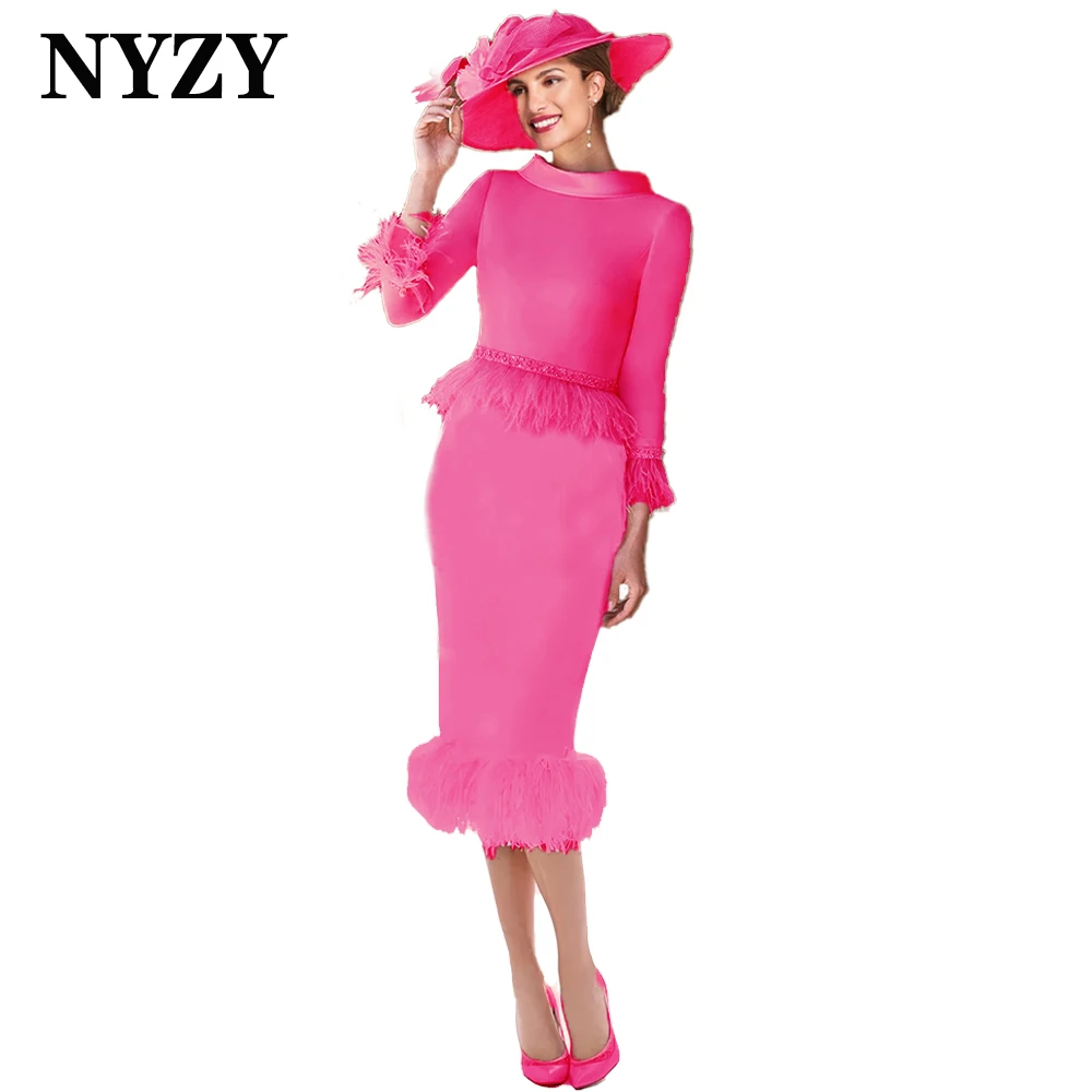 NYZY M417 Elegant 3/4 Sleeves Feather Mother of the Bride Dress Party Cocktail Godmother Gown 2025