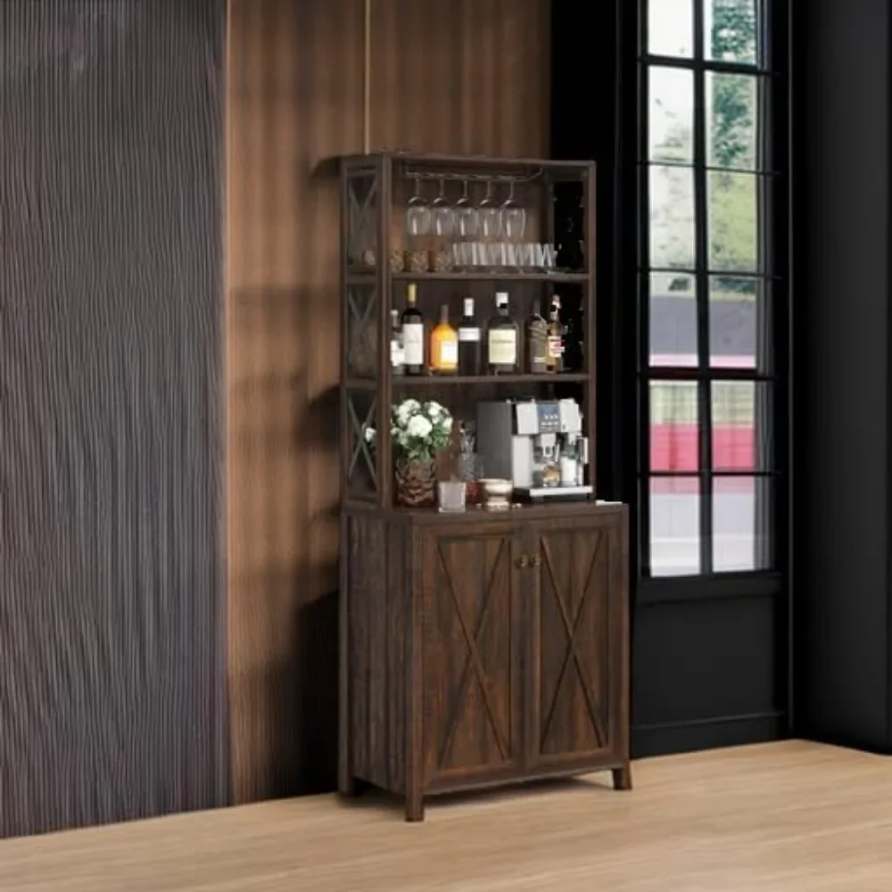 67" Wine Bar Cabinet for Liquor and Glasses, Kitchen Cabinets Coffee Bar with Adjustable Shelves, Open Storage Shelves