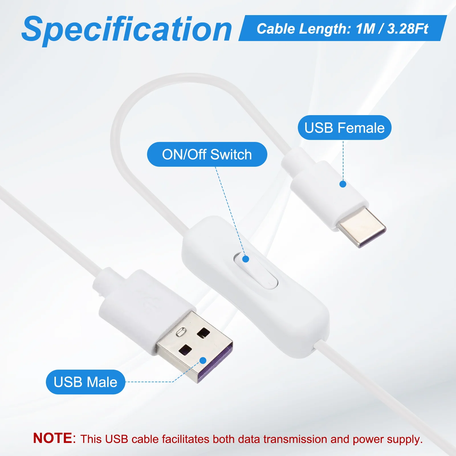 1/2Pcs 1M/2M USB Cable with ON/Off Switch USB Male to Type-C Male Extension Cord with Foam Double-sided Tape for LED Desk Lamp