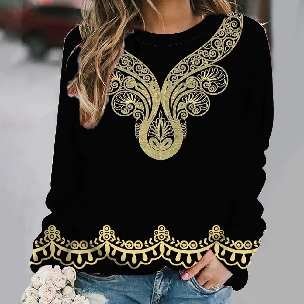 Ethnic Style Hoodies Long Sleeve Paisley Printed Retro Crew Neck Pullover Autumn Winter Loose Tees for Women Ladies Sweatshirt