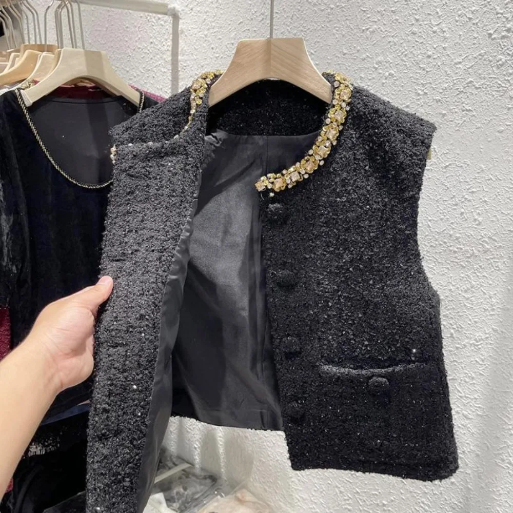 Elegant Diamond-studded Neckline Small Fragrance Vest 2025 New Femme Tweed Sleeveless Vintage Casual Waistcoat  Trendy Basic Top