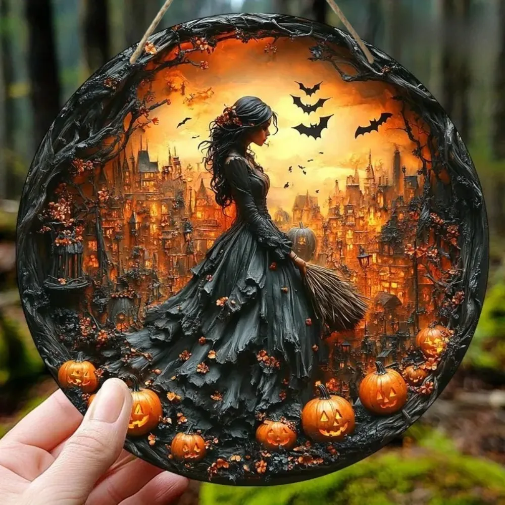 2D Charming Halloween Witch Circular Wooden Sign, Suitable for Home, Living Room, Courtyard, Office, Coffee Shop Decoration
