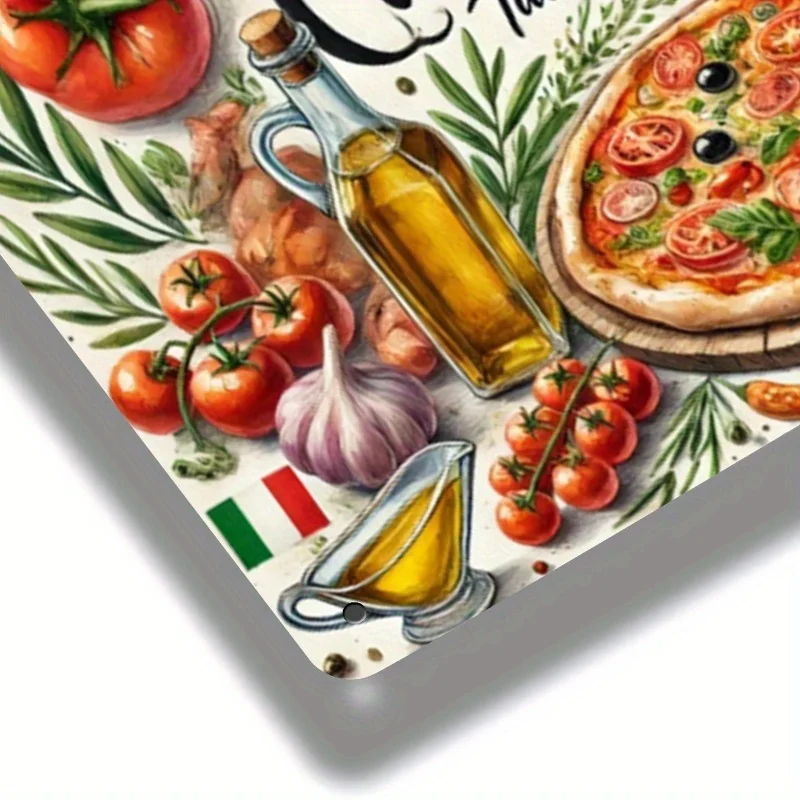 لوحة فنية جدارية من Cucina الإيطالية - لافتة ألومنيوم نابضة بالحياة مع البيتزا والطماطم والأعشاب - مثالية لديكور المنزل والمقهى والهدايا