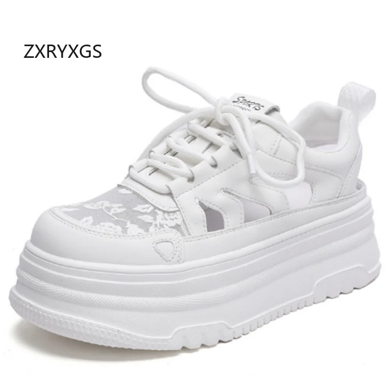 ZXRYXGS 2025 New Trendy Lace-up Cowhide Mesh Sneakers Summer Sandals Platform Elevator Sandals White Breathable Casual Shoes