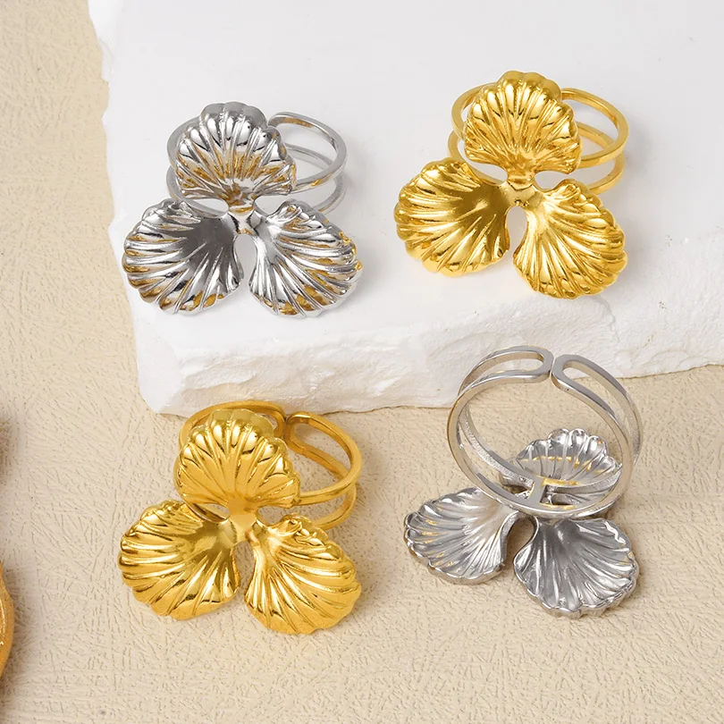 6Pcs Stainless Steel Boho Irregular Chunky Floral Flower Leaf Open Finger Rings Stackable Vintage Thorns Punk Men Bague Jewelry