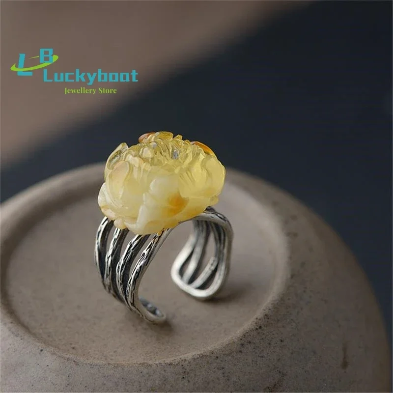 

Natural Beeswax Ring Wholesale Genuine S925 Silver Inlaid Retro Thai Silver Ring Female Peony Rose Flower Silver Jewelry