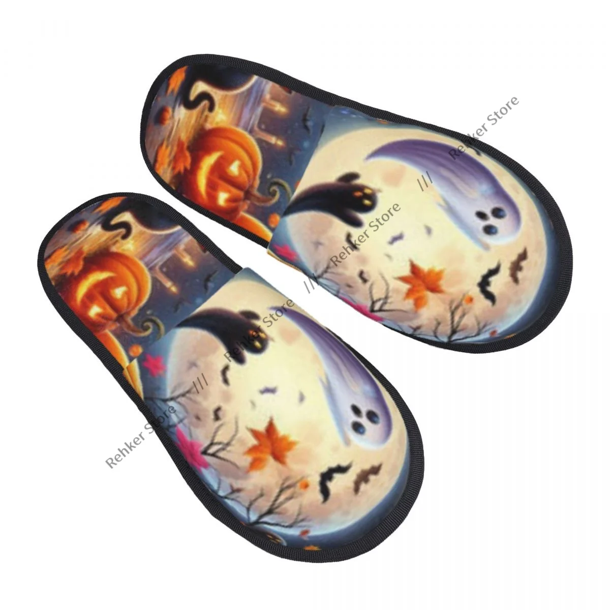 Soft Slippers Halloween Pumpkins Ghost Bats And Candles Non-Slip Floor Indoor Home Furry Slippers Shoes For Bedroom