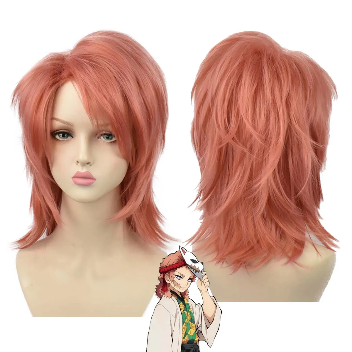 Cos Party Halloween Anime Demon Slayer Kimetsu no Yaiba Sabito Cosplay Pink Curly Hairs Short Wig