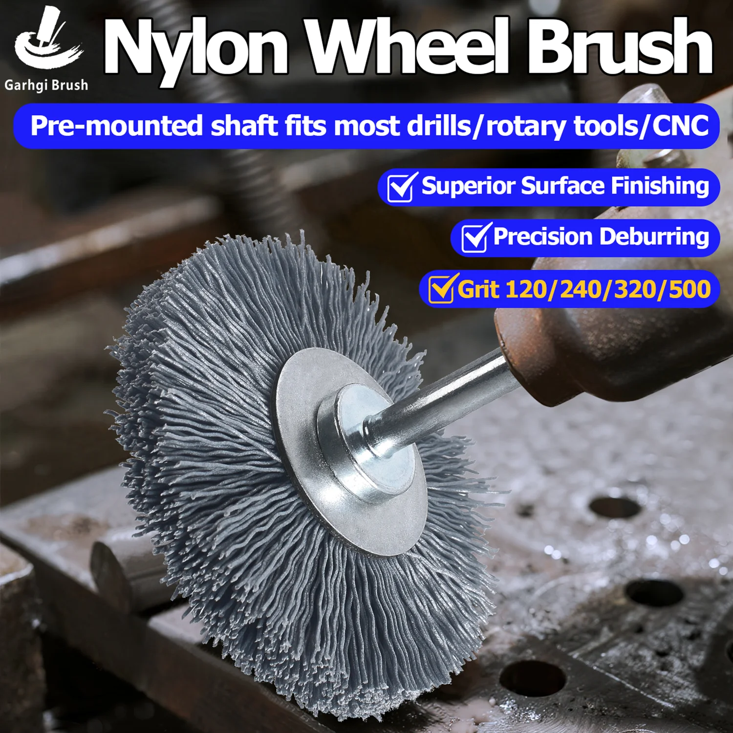 

240Grit SC Abrasive Nylon Wire Brush Wheel Shaft Surface Prep Deburring Grinding Cleaning Rust Removal Power Drill Rotary Tools