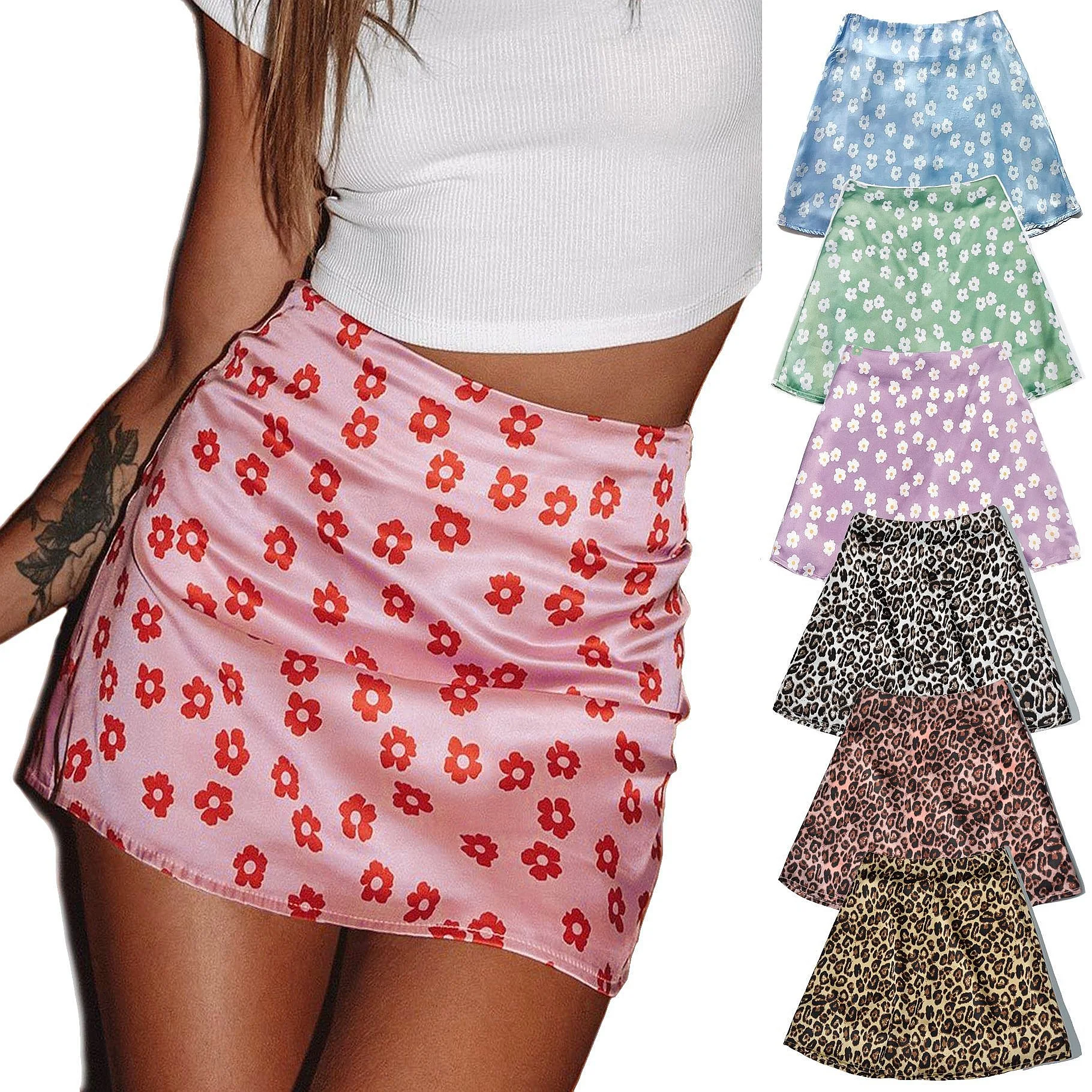 80g Satin Skirt High Waist Zipper Print Mini Skirt Floral Leopard Print Skirts for Women