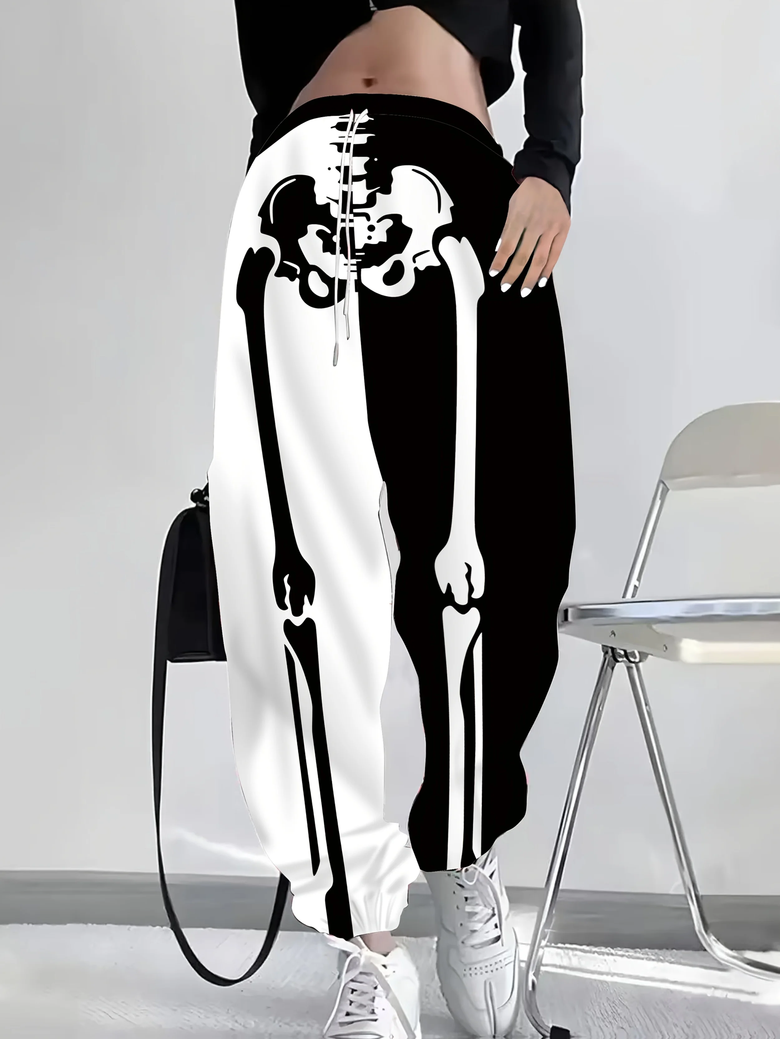 2026 Sommer Kinder Schnelltrocknende Jogginghose Schwarz mit Kontrast-Skelett-Print, Kordelzug, elastischem Bund, Bündchen und lässigem Streetwear-Look