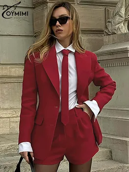 Oymimi Elegantes rotes zweiteiliges Set für Damen, modisch, langärmelig, Taschen, Krawattenknopf-Blazer und hoch taillierte, einfache Shorts-Sets