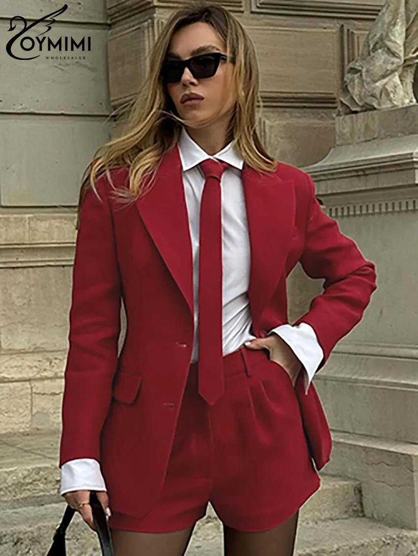 Oymimi Elegancki czerwony damski zestaw dwuczęściowy Modne marynarki z długim rękawem i kieszeniami na guziki oraz proste szorty z wysokim stanem