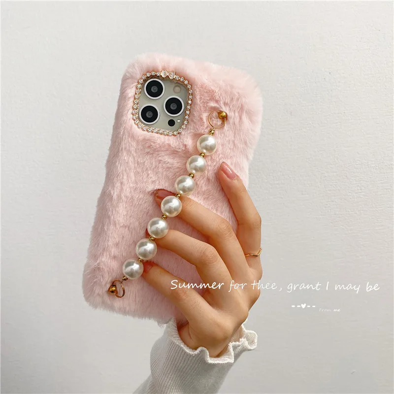 Plush Luxury Diamond Pearl Cases For Samsung Note 20 10 M56 M55 M54 A07 A17 A12 A22 A32 A52 A31 A30S A50 Cover Wrist Chian Strap