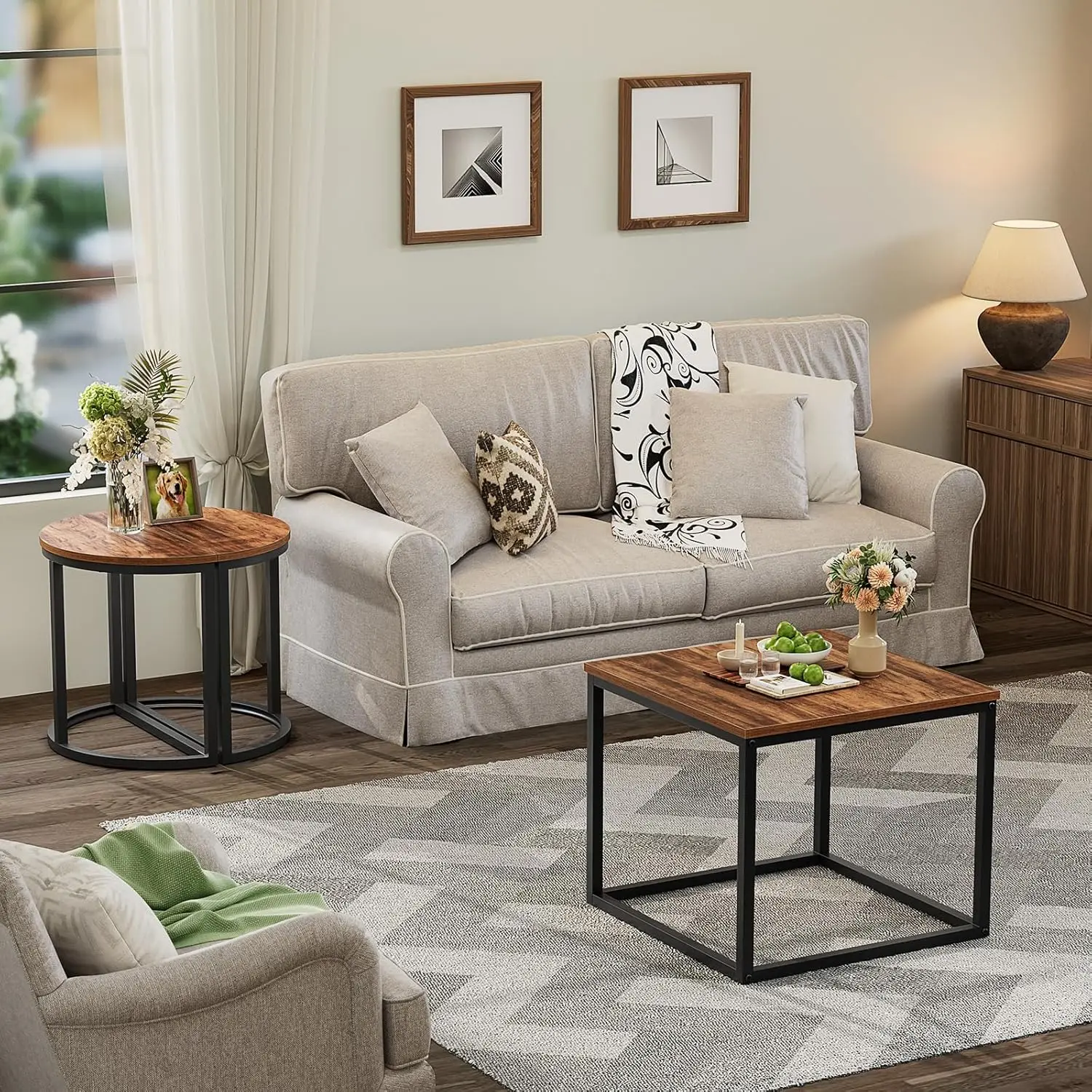 Coffee Table Oval 3pcs Set, Modern Living Room Table with 2 End Tables, Small Center Table with Metal Frame for Home Apartment
