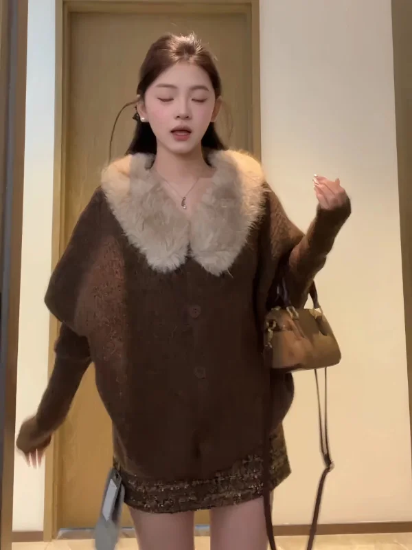 

Large Size Knitted Sweater Coat Women's Korean Style Loose Fit Fluffy Collar Autumn Winter Lazy Feelings Casual Top