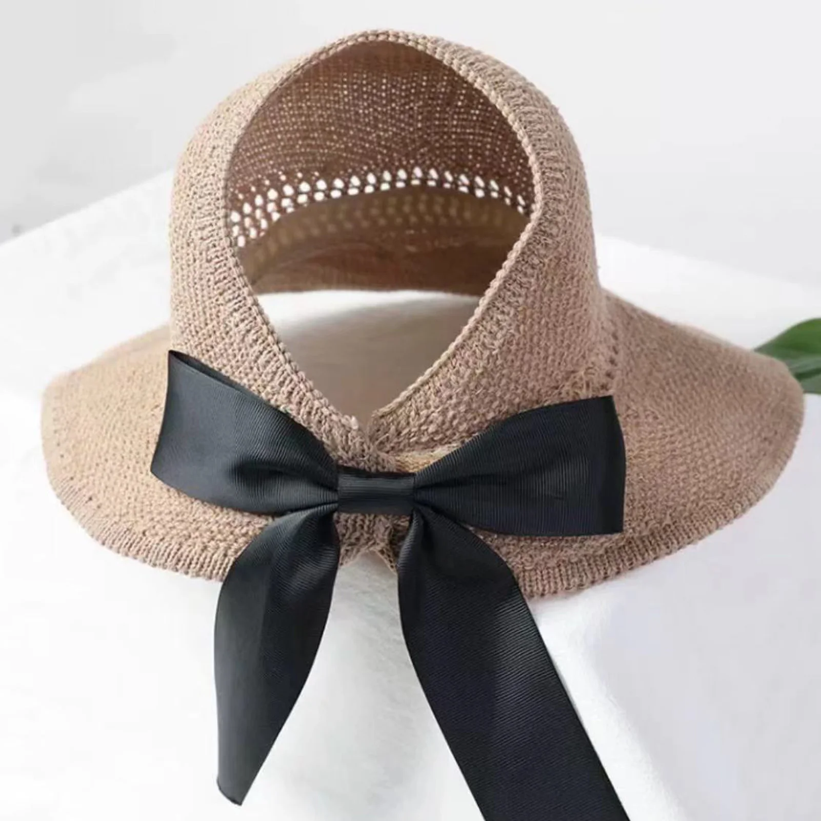 قبعة نسائية قابلة للطي بحافة واسعة من القش قابلة للتنفس على الطراز الفرنسي مع عقدة على شكل فيونكة للتصوير الفوتوغرافي للسفر في الهواء الطلق