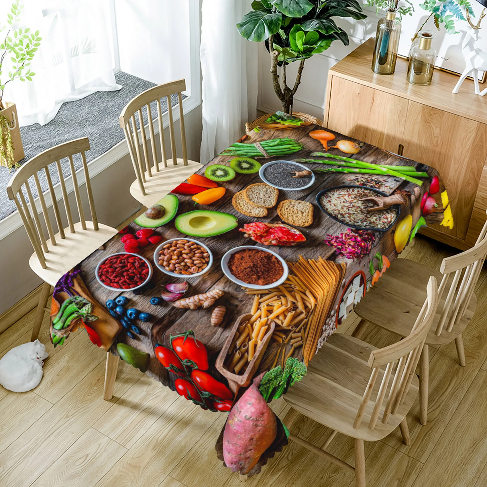 フルーツ、食品、野菜プリントのテーブルクロス、穀物、スパイス柄の装飾的なキッチン用テーブルクロス、農家、パーティー、レストラン、ピクニック用テーブルクロス