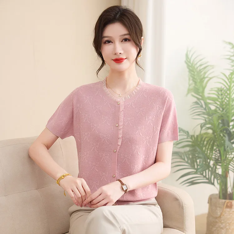 

Lyocell 93.2%Cotton6.8% 2025 Spring Summer Women Flowers Thin Knit T shirt Lady Floral t-shirt