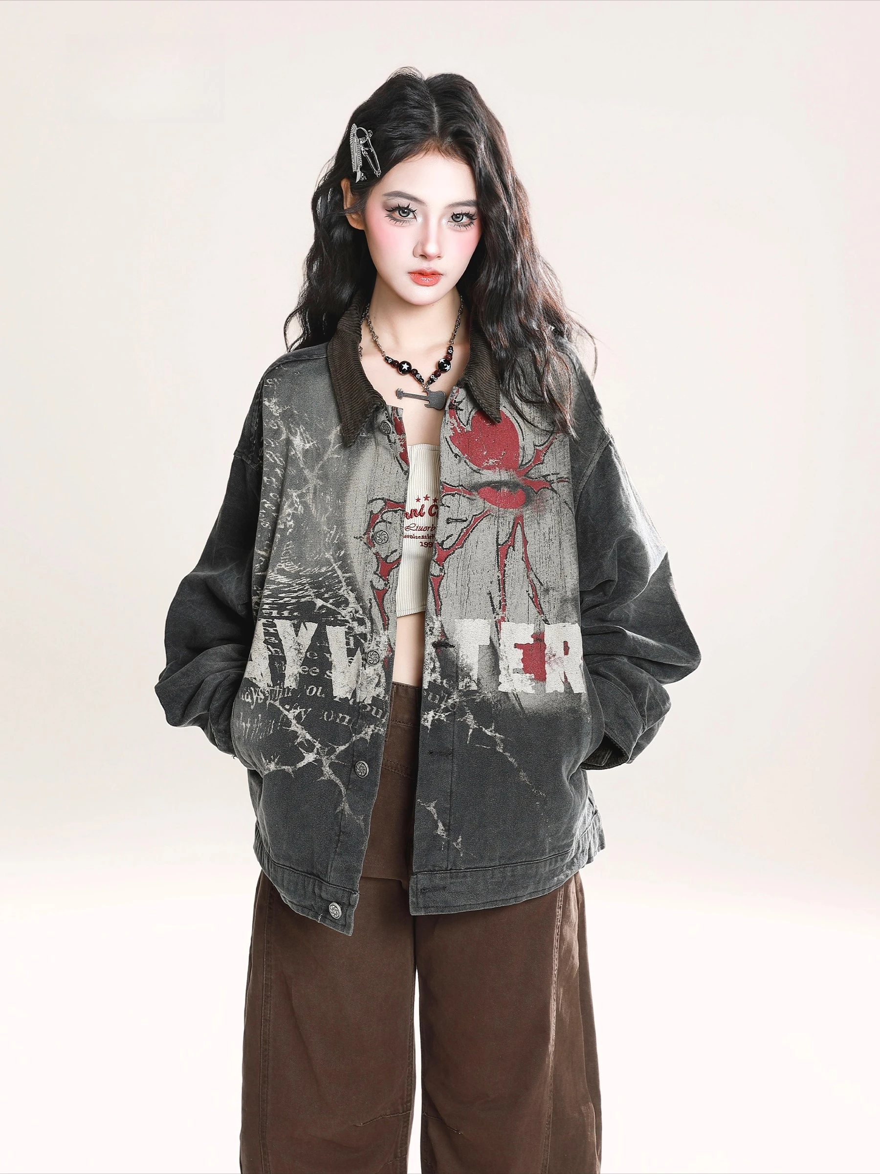 2025 primavera e outono nova venda quente americano rua punk feminino carta graffiti solto casual azul denim jaqueta