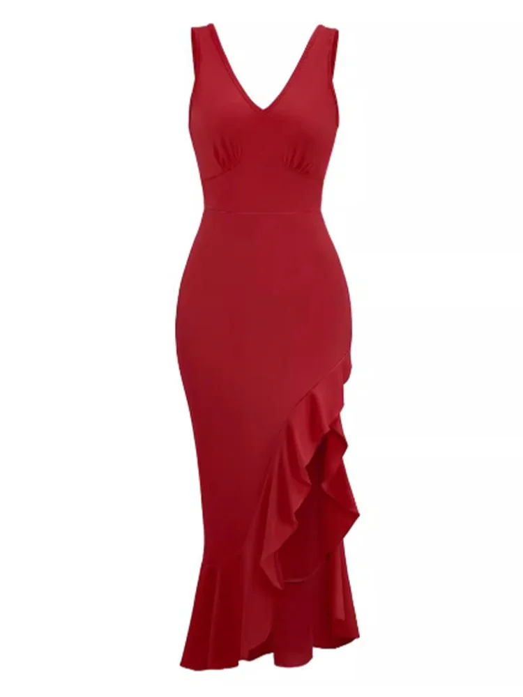 Nice เซ็กซี่แขนกุดคอวีแขนสั้นสีทึบ Ruffled ชุดสตรีวันหยุดเดททุกวันอเนกประสงค์ชุดฤดูร้อน