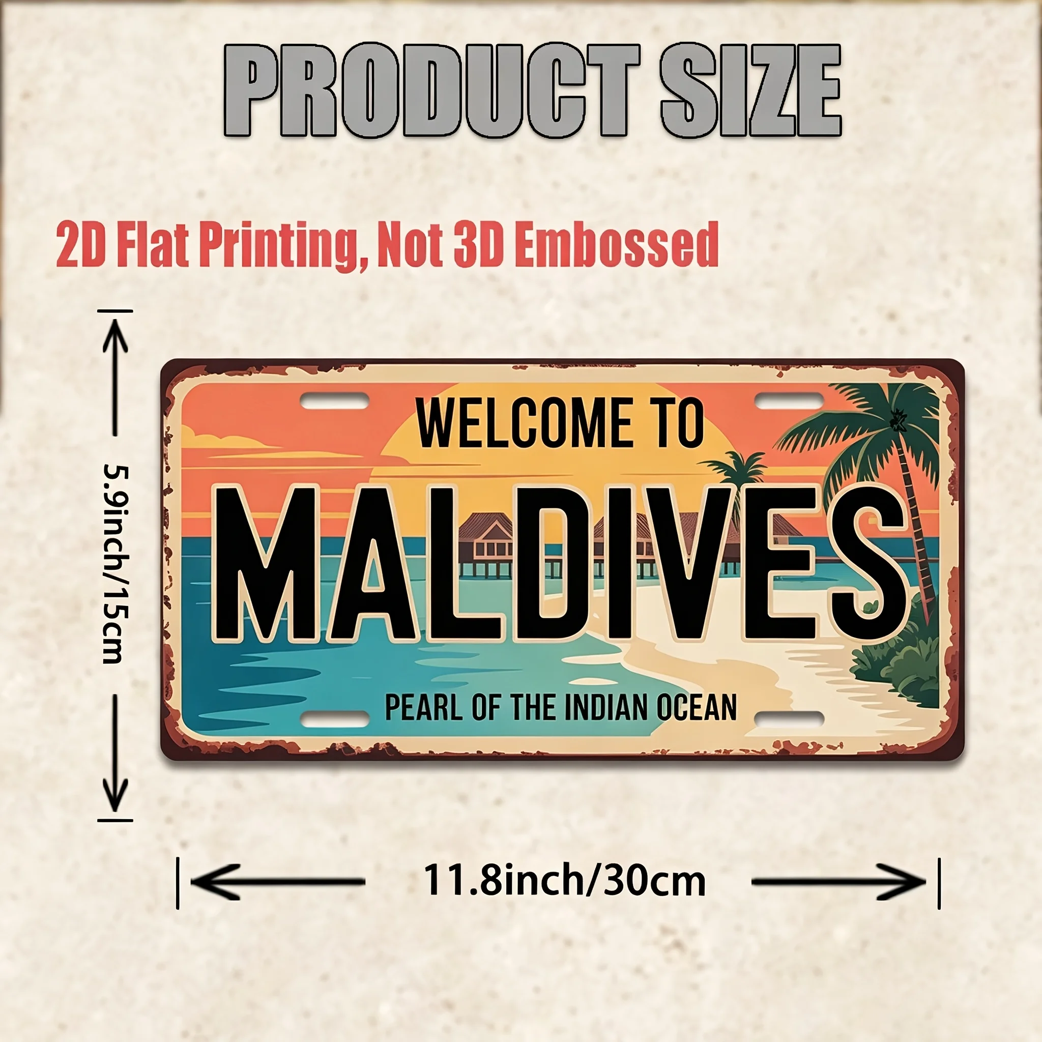 2D Flat, 2D Flat Maldives Iron Sign - Vintage Iron Plate Sign with Maldives Map and Iconic Palm Tree & Coral Design - Large Size