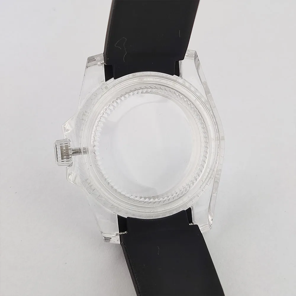 Boîtier de montre Transparent 40mm, ensemble de bracelets de montre 20mm, boîtier en plastique acrylique lumineux vert pour mouvement NH35/NH36/NH34, bracelet en caoutchouc