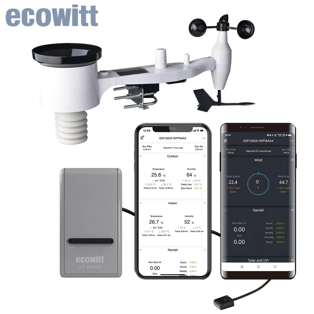 Ecowitt GW1201 7-in-1 Wi-Fi Weather Station, GW1200 IoT Gateway with WS69 Solar Powered Wireless Outdoor Weather Sensor Array