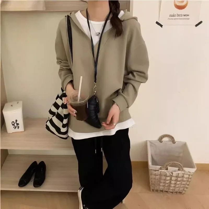 Women New V-Neck Mock Two-piece Hoodies Spring Autumn Solid Colors Loose Casual Sweatshirts Chic Simple Lantern Sleeve Hoodies